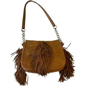 Oroton Brown Leather Fringe Shoulder Bag | Boho Statement